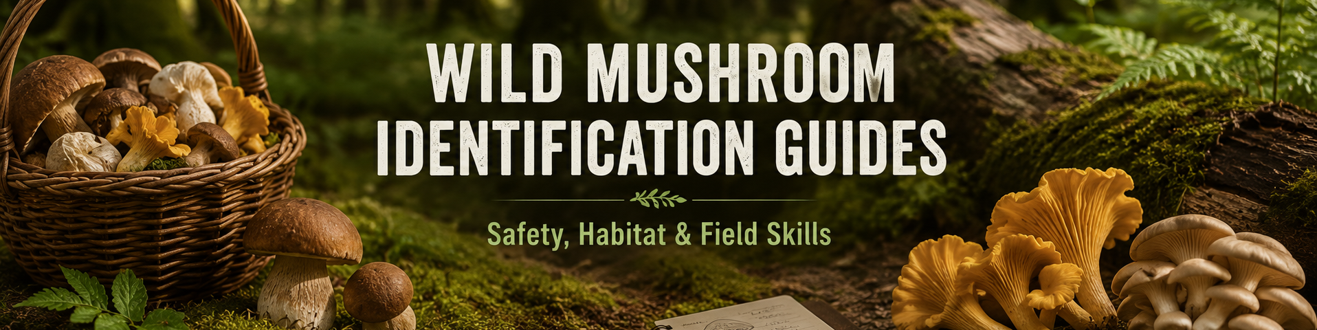 Wild mushroom identification guides with forest mushrooms, field notes, and foraging tools