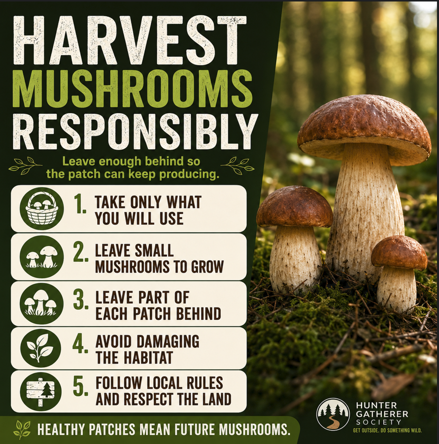 Responsible mushroom foraging image showing several rules to follow wild foraging for wild mushrooms