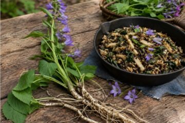 Creeping bellflower with purple flowers, edible white roots, and wild rice dish showing how to identify and cook this Minnesota invasive plant