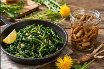 Garlic-butter dandelion greens beside a jar of whole pickled dandelion roots on a rustic wooden table.