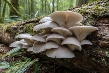 Oyster mushrooms growing in overlapping clusters on a mossy fallen log in a Pacific Northwest forest