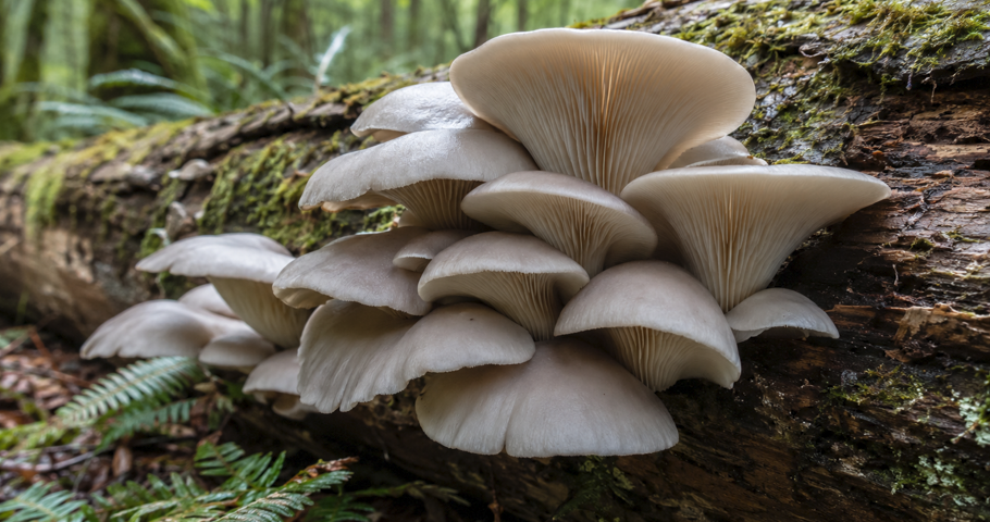 Oyster mushrooms growing in overlapping clusters on a mossy fallen log in a Pacific Northwest forest