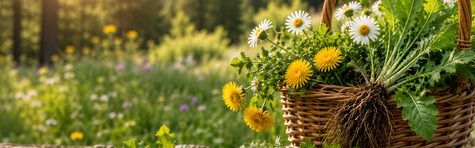 Basket of responsibly harvested wild plants and dandelions in a sunlit meadow