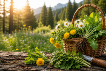 Basket of responsibly harvested wild plants and dandelions in a sunlit meadow