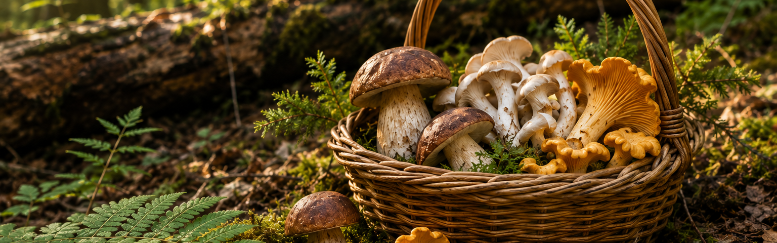 Basket of responsibly harvested wild mushrooms on a mossy forest floor