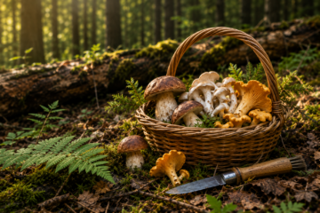 Basket of responsibly harvested wild mushrooms on a mossy forest floor