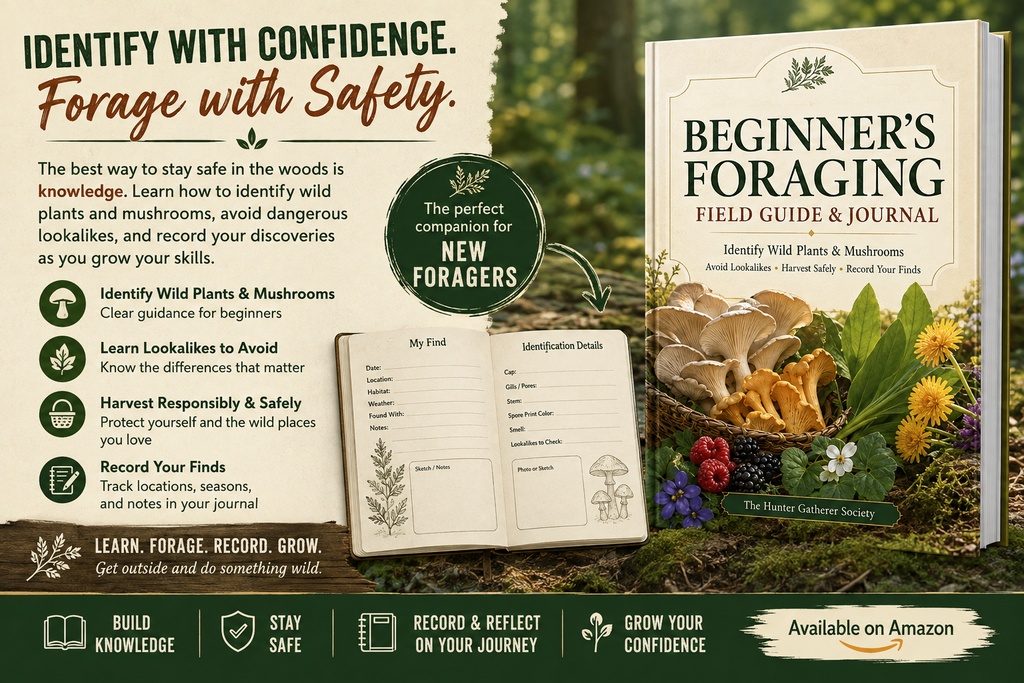 Promotional image for the Beginner’s Foraging Field Guide and Journal showing the book cover, open journal pages, and wild mushroom safety theme