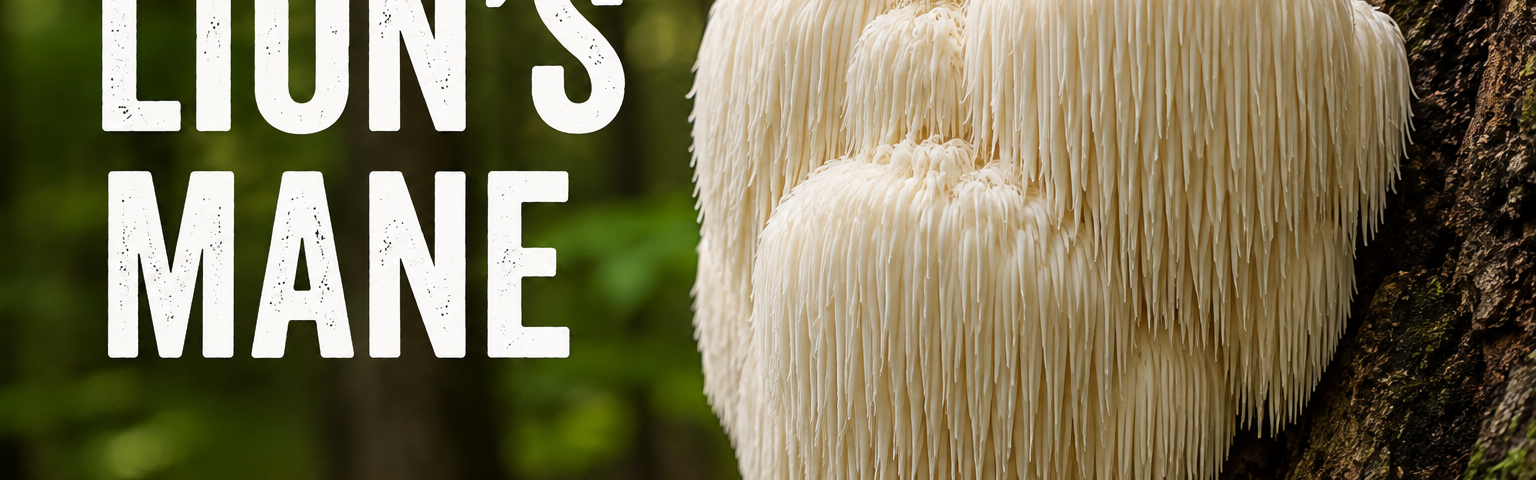 Lion’s mane mushroom growing on a hardwood tree with long white hanging teeth
