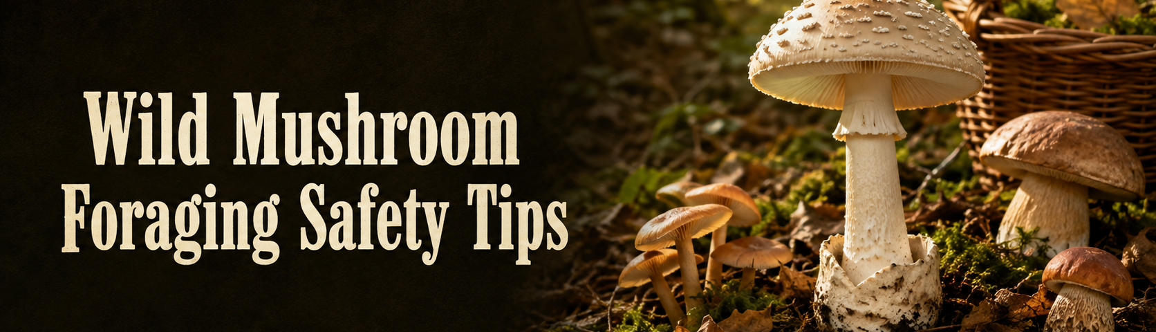 Wild mushroom foraging safety tips with mushrooms, field guide, and foraging basket in a forest