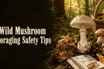 Wild mushroom foraging safety tips with mushrooms, field guide, and foraging basket in a forest