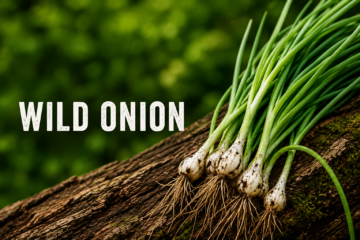Wild onion plants showing green leaves, white bulbs, and roots for identification