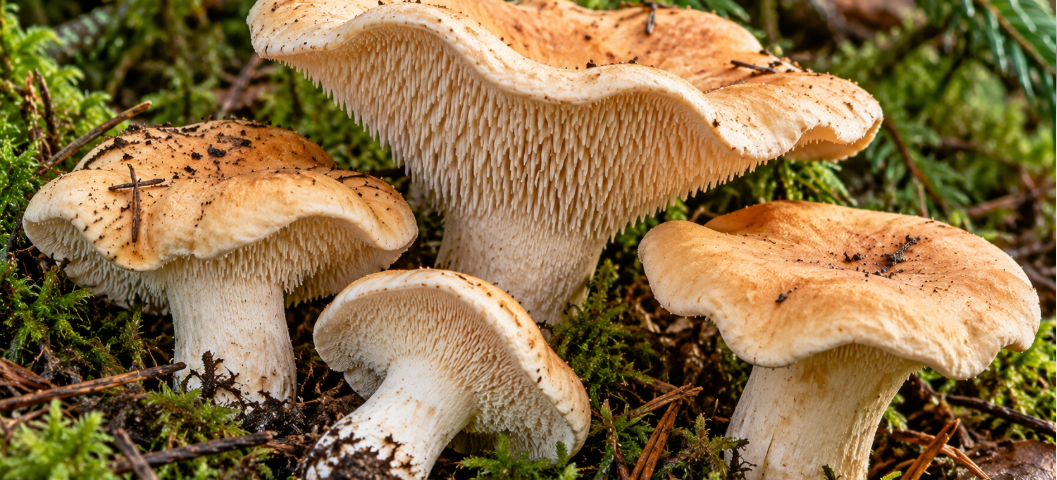 Hedgehog mushrooms (Hydnum species) growing in moss, showing apricot-colored caps and distinctive tooth-like spines beneath the caps.