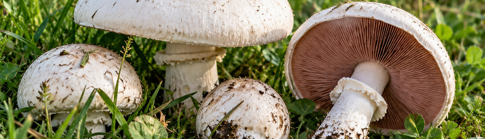 Meadow mushroom identification illustration showing white caps, pinkish-brown gills, and mushrooms growing in green grass.
